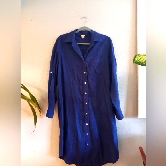 Magaschoni 100% Linen Deep Nautical Navy Blue Loose Fitting Button Down Midi - Picture 1 of 4